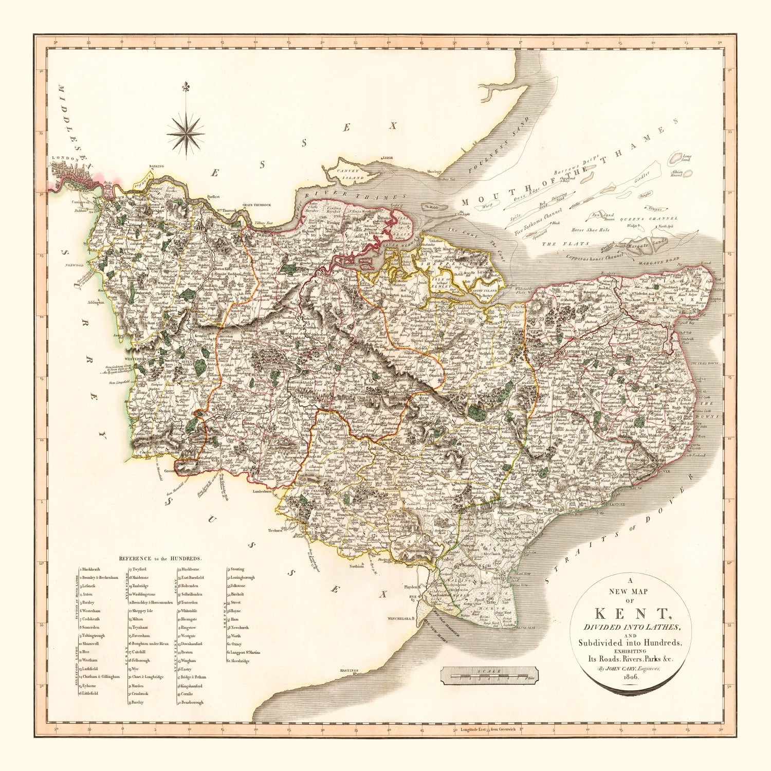 Vintage Map of Kent County England, 1806