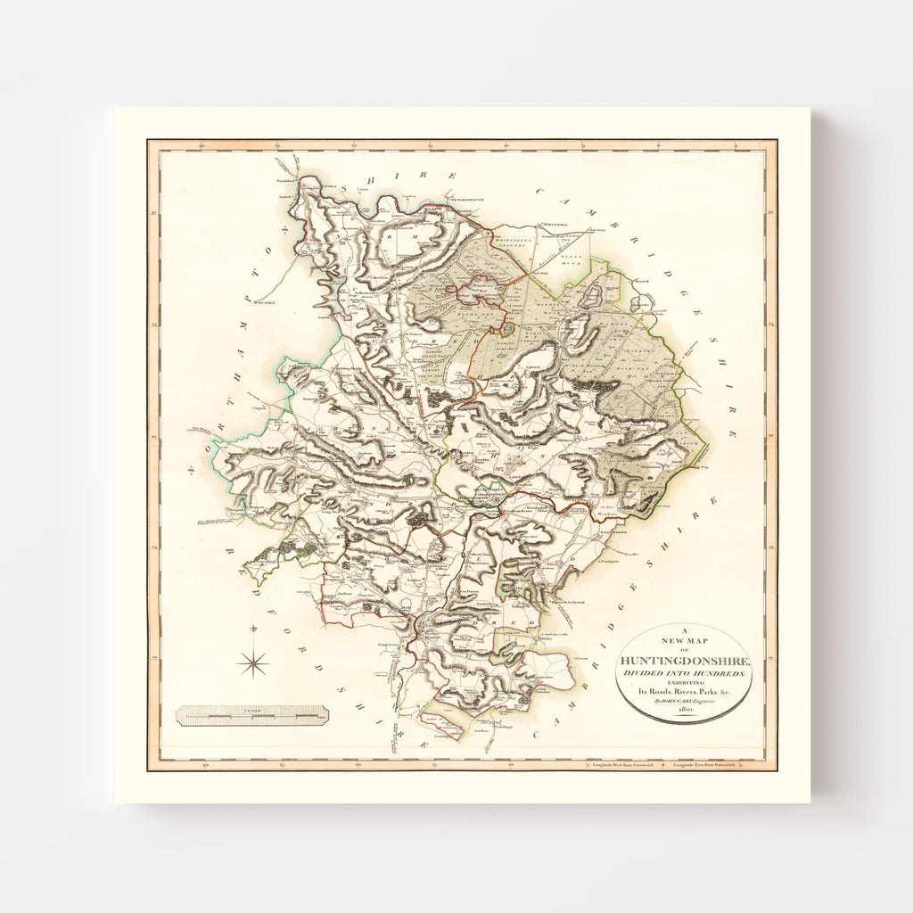Vintage Map of Huntingdonshire County England, 1801