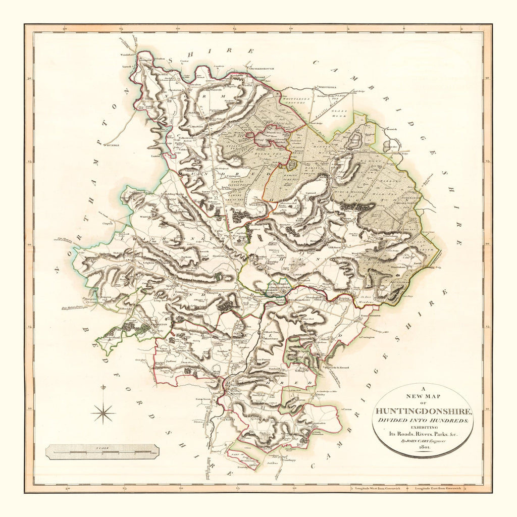 Vintage Map of Huntingdonshire County England, 1801