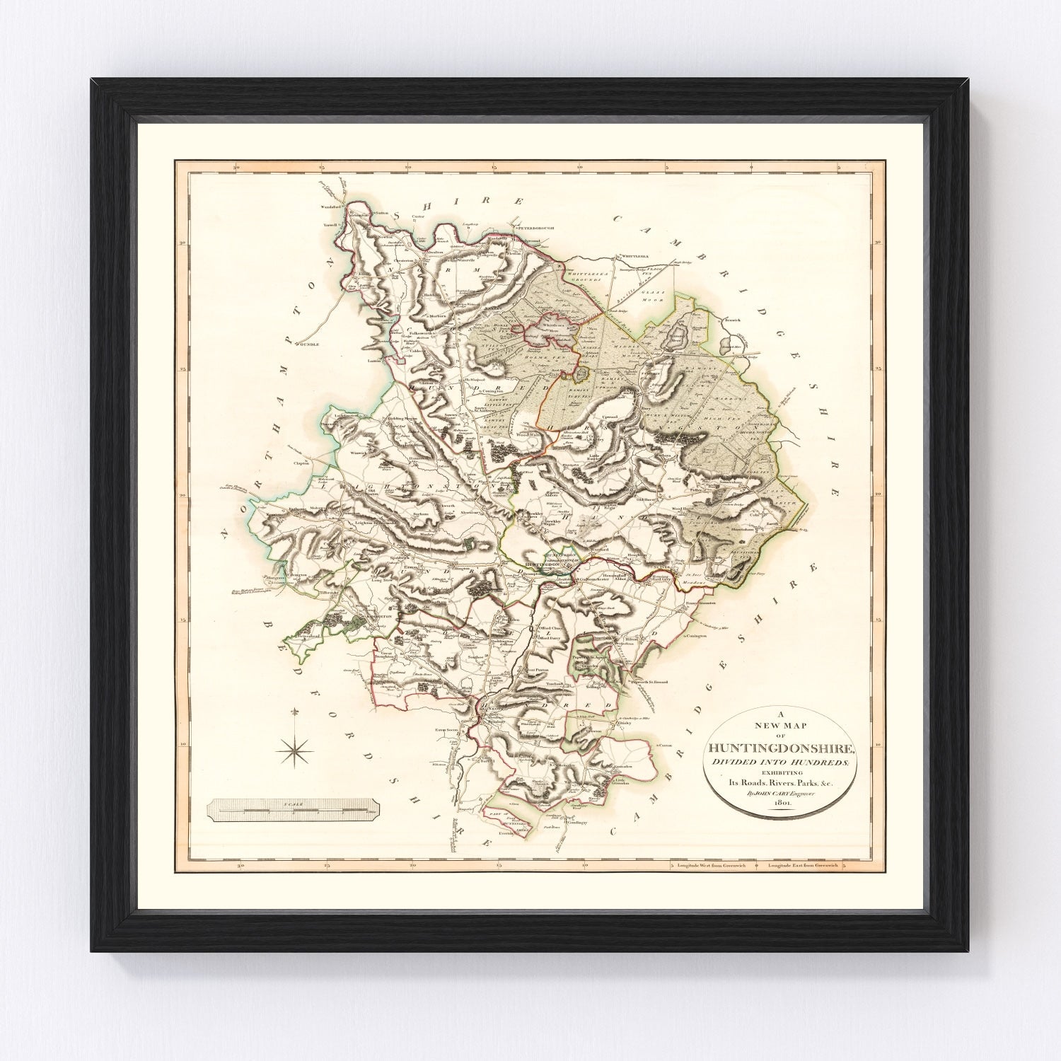 Vintage Map of Huntingdonshire County England, 1801