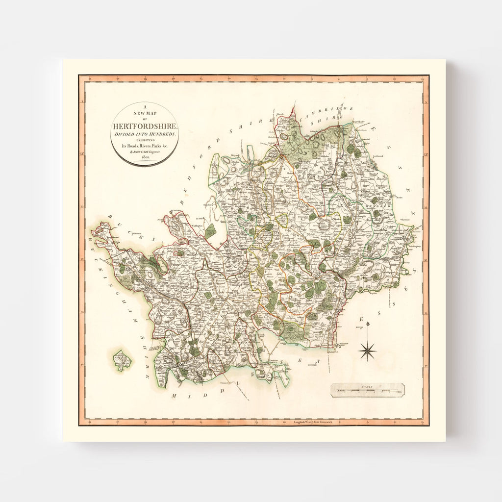 Vintage Map of Hertfordshire County England, 1801