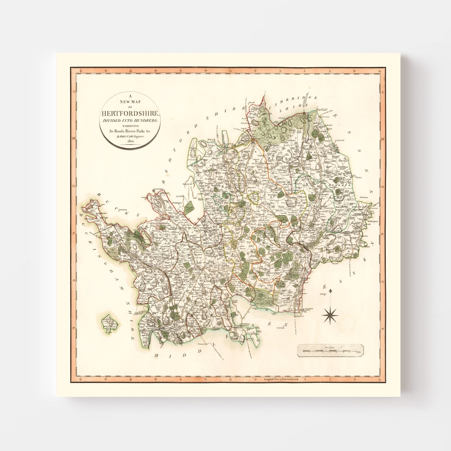 Vintage Map of Hertfordshire County England, 1801