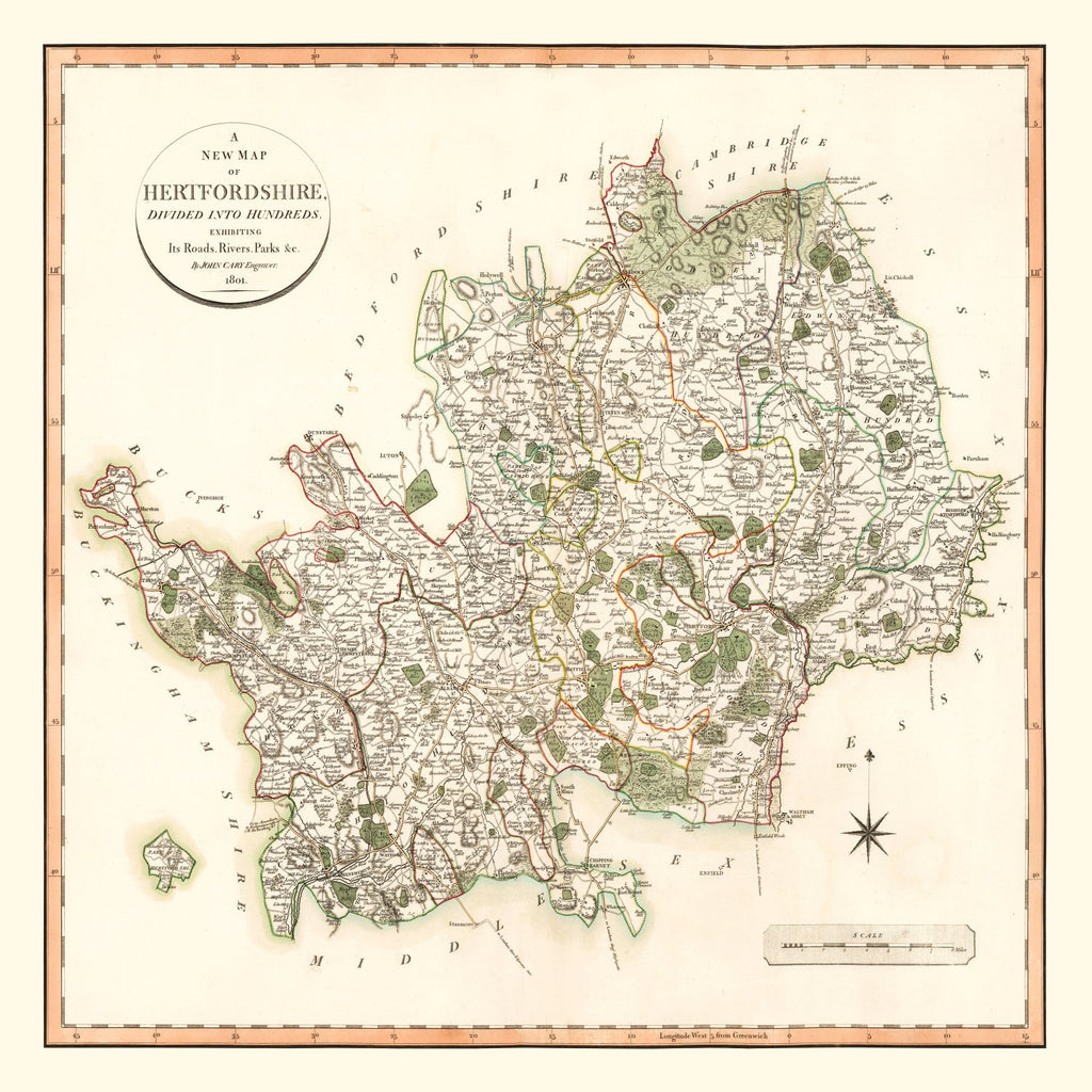 Vintage Map of Hertfordshire County England, 1801