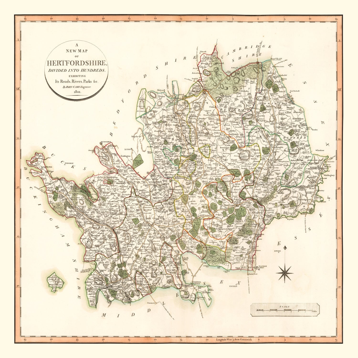 Vintage Map of Hertfordshire County England, 1801