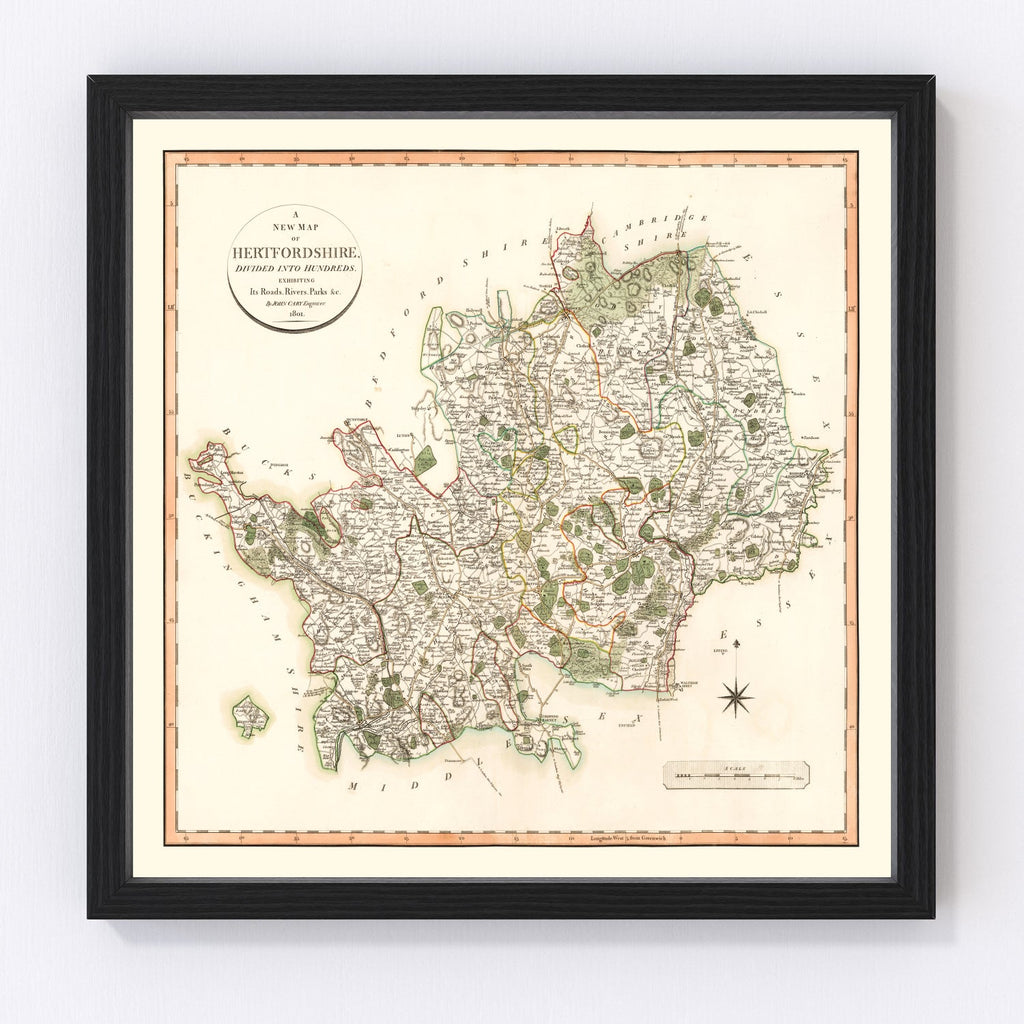 Vintage Map of Hertfordshire County England, 1801