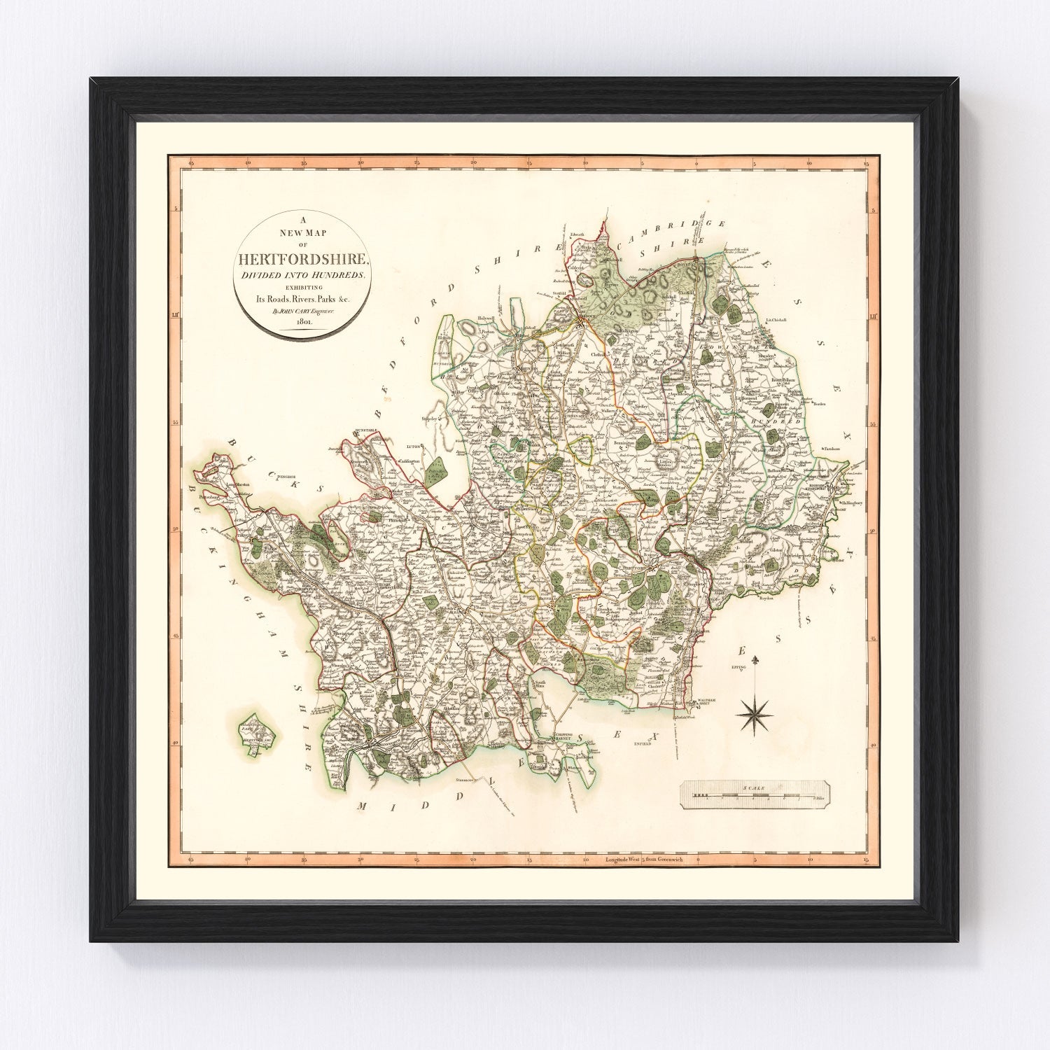 Vintage Map of Hertfordshire County England, 1801