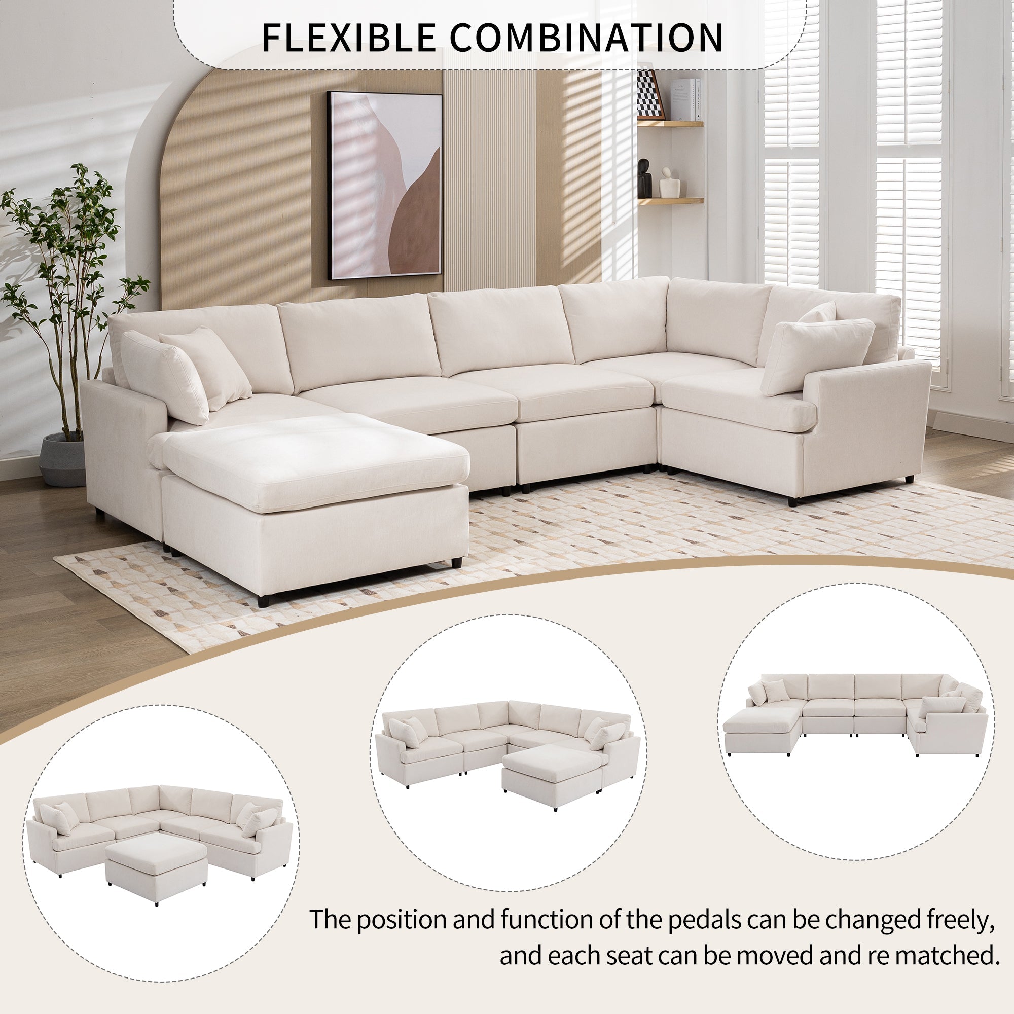 [ Video Provided]U_STYLE Upholstered Sectional Sofa with Removable Ottoman,U-Shape 6 Seat Sectional Couch,  for Living Room,,Apartment, Spacious Space