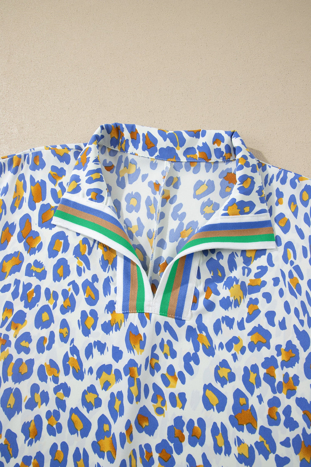 Leopard Colorblock Contrast V-Neck Short Sleeve Blouse
