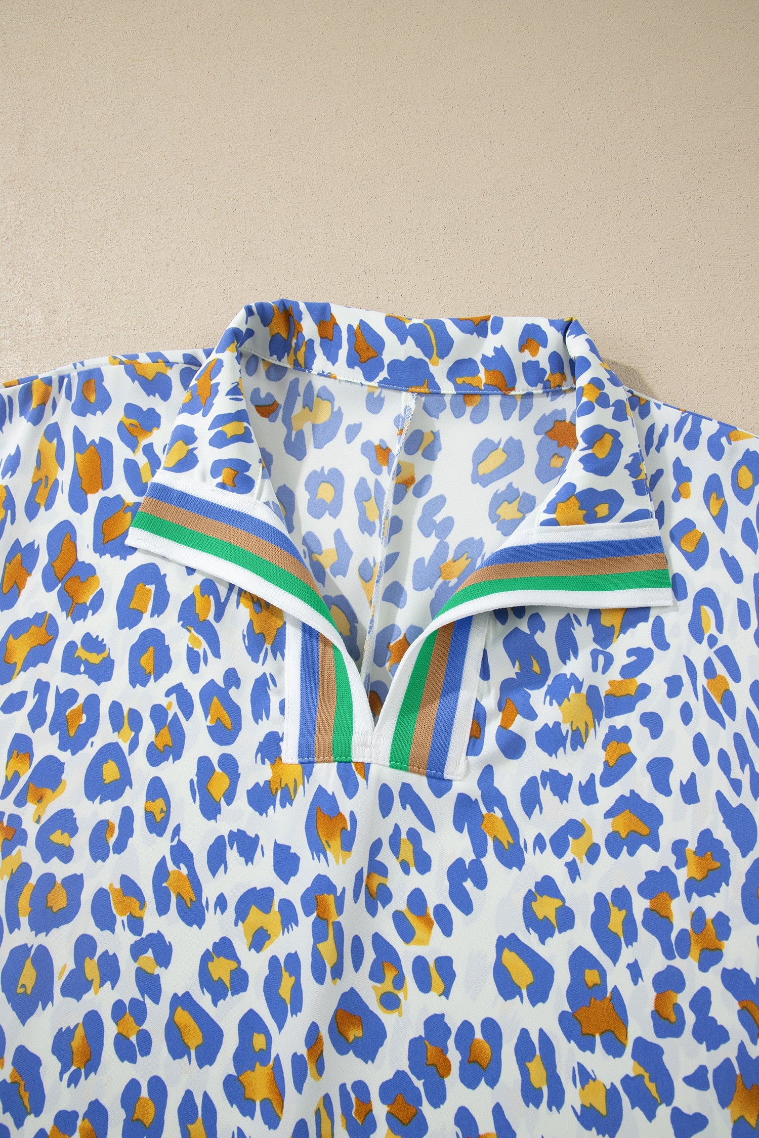 Leopard Colorblock Contrast V-Neck Short Sleeve Blouse