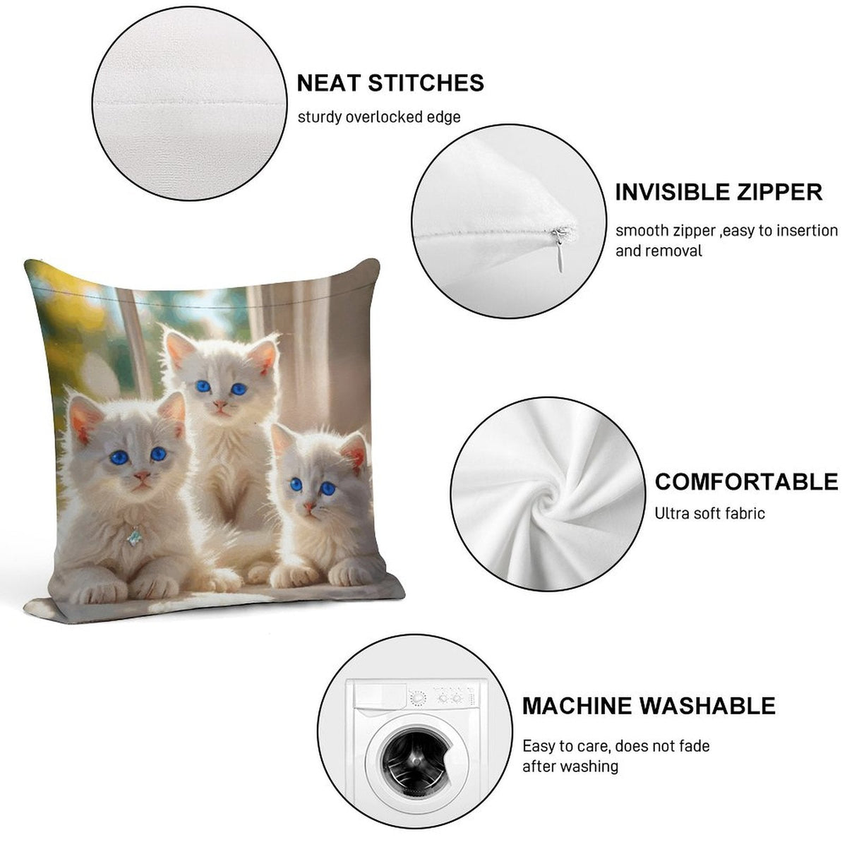Fluffy White Kittens with Blue Eyes Ultra-Soft Pillowcases - 18"×18"