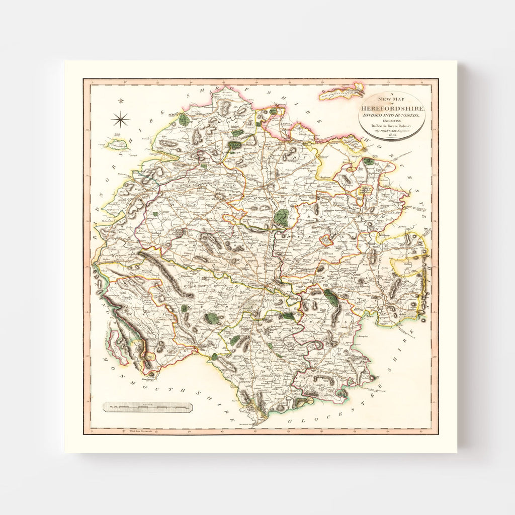 Vintage Map of Herefordshire County England, 1801