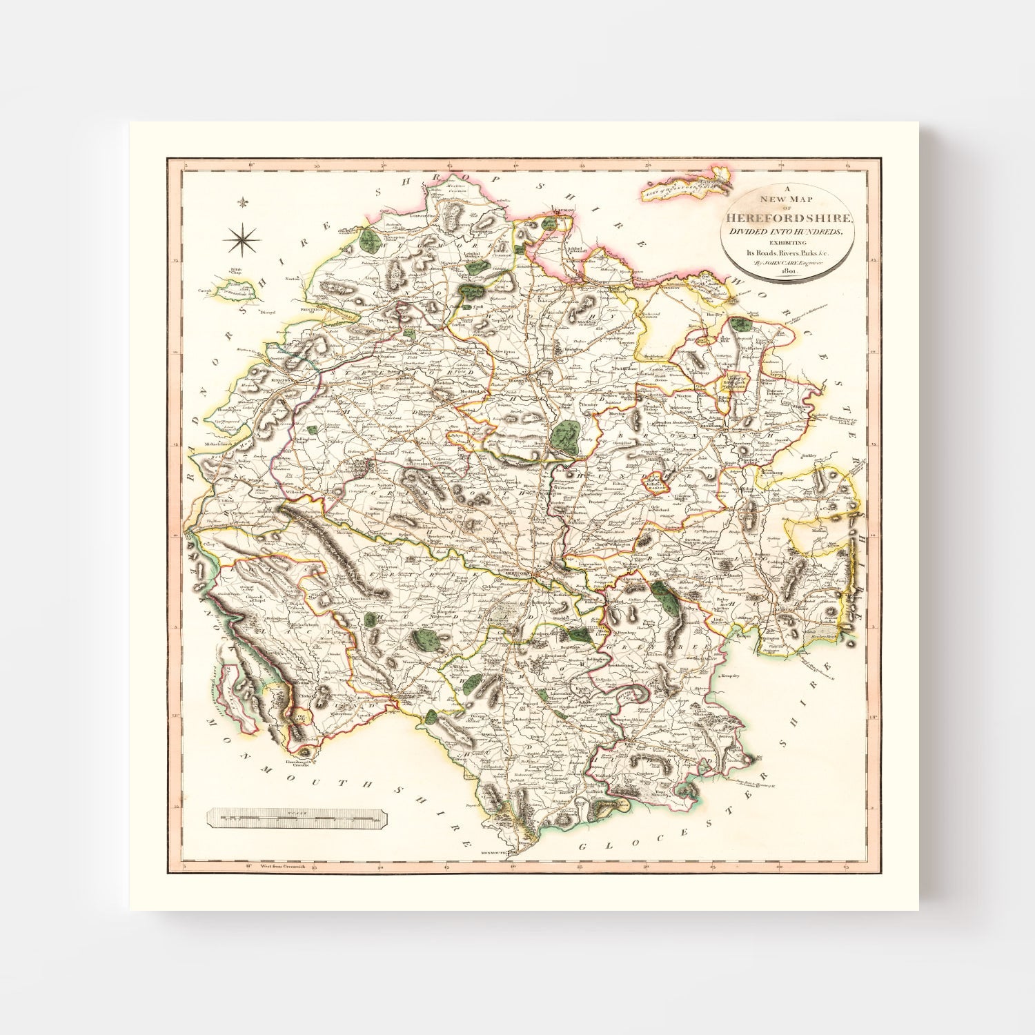Vintage Map of Herefordshire County England, 1801