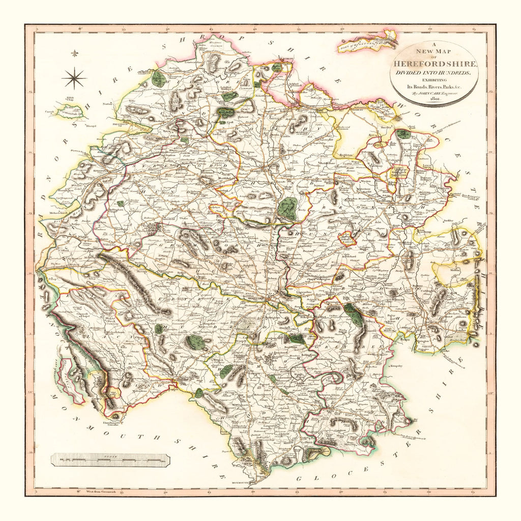 Vintage Map of Herefordshire County England, 1801