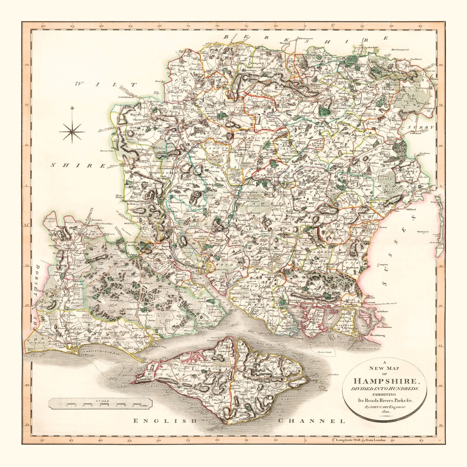 Vintage Map of Hampshire County England, 1801