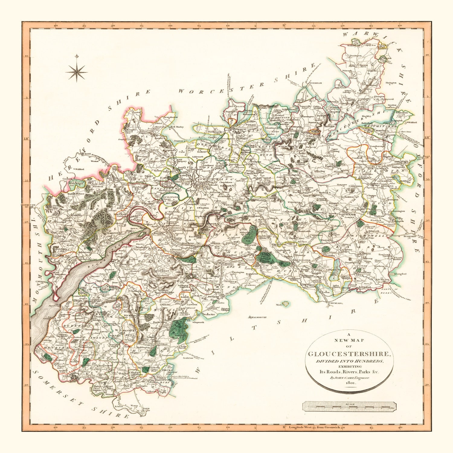 Vintage Map of Gloucestershire County England, 1801