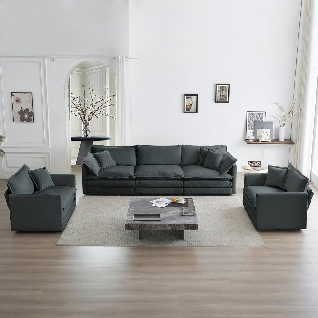 Sofa Set of 3, 1+1+3 Seats Living Room Sofa Set, Accent Chair, Loveseat, and Three-Seat Sofa Modern Style Round Arms 3 Piece Sofa Set, Gray Chenille