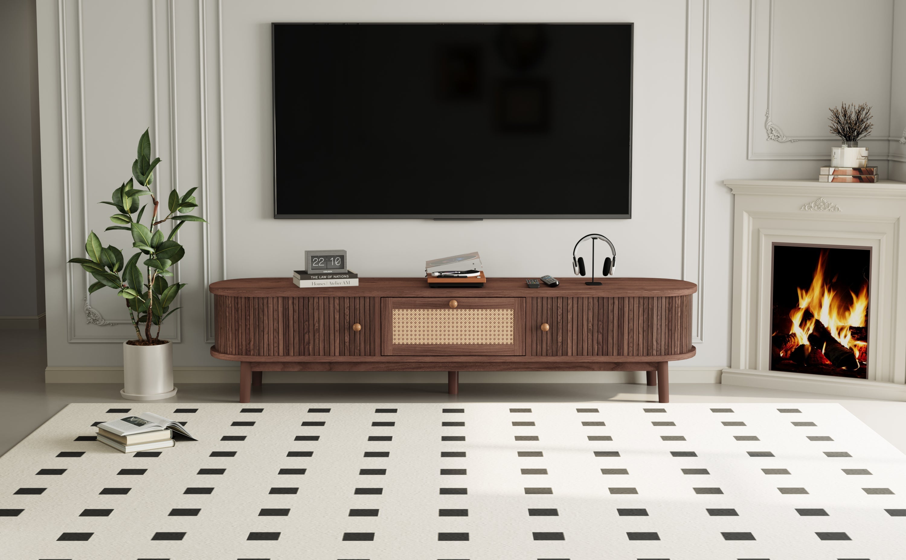 Modern Design TV Stand for 75' TVs, Media Console TV Cabinet with Rattan-Front Drawer for Living Room, 1 Drawer and 2 Sliding-Door Cabinets