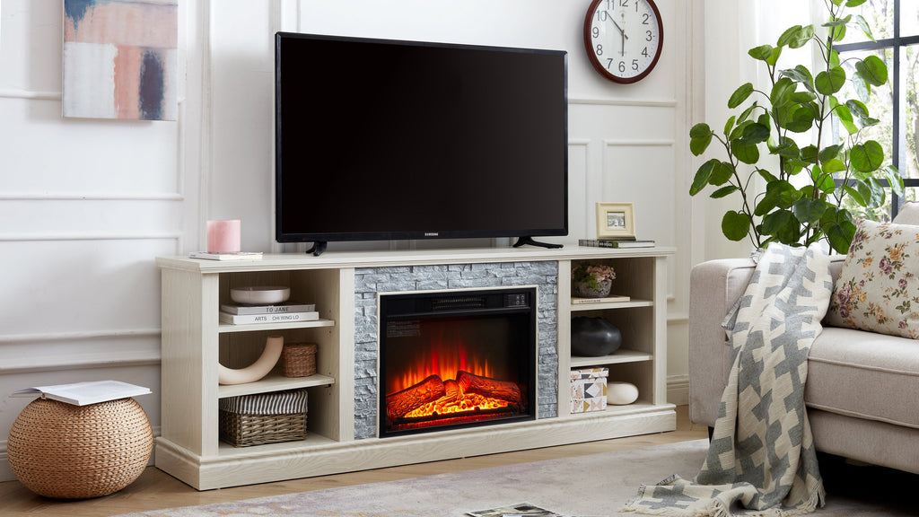 Large Faux Stacked Stone TV Desk Storage Rack, Media Console Table with Large Storage Cabinet,Modern  TV Media Stand with 23' Fireplace Insert,White, 70.12'W*15.35'D*25.83'H