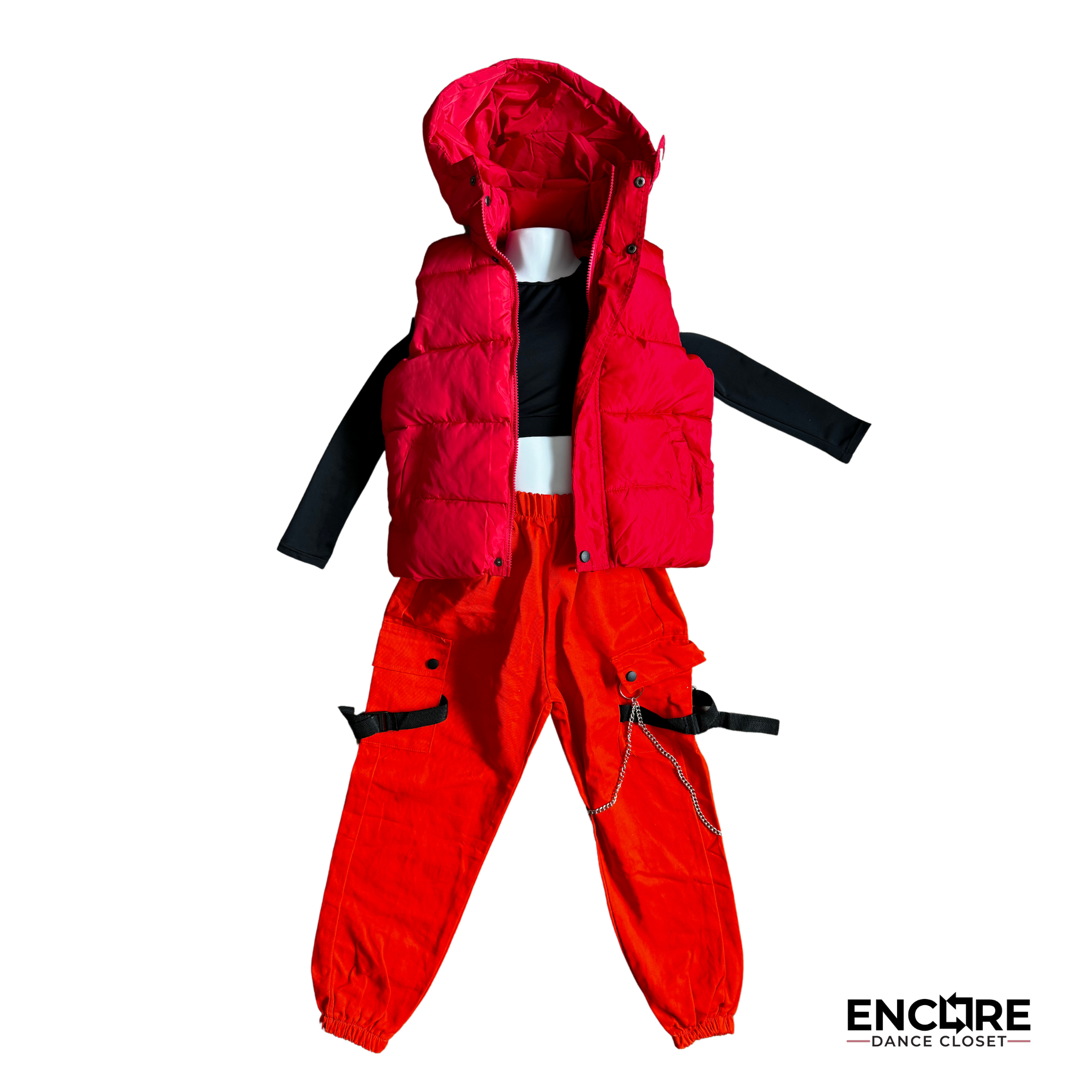 Hip-Hop Red Puffer Vest Set with Orange Pants