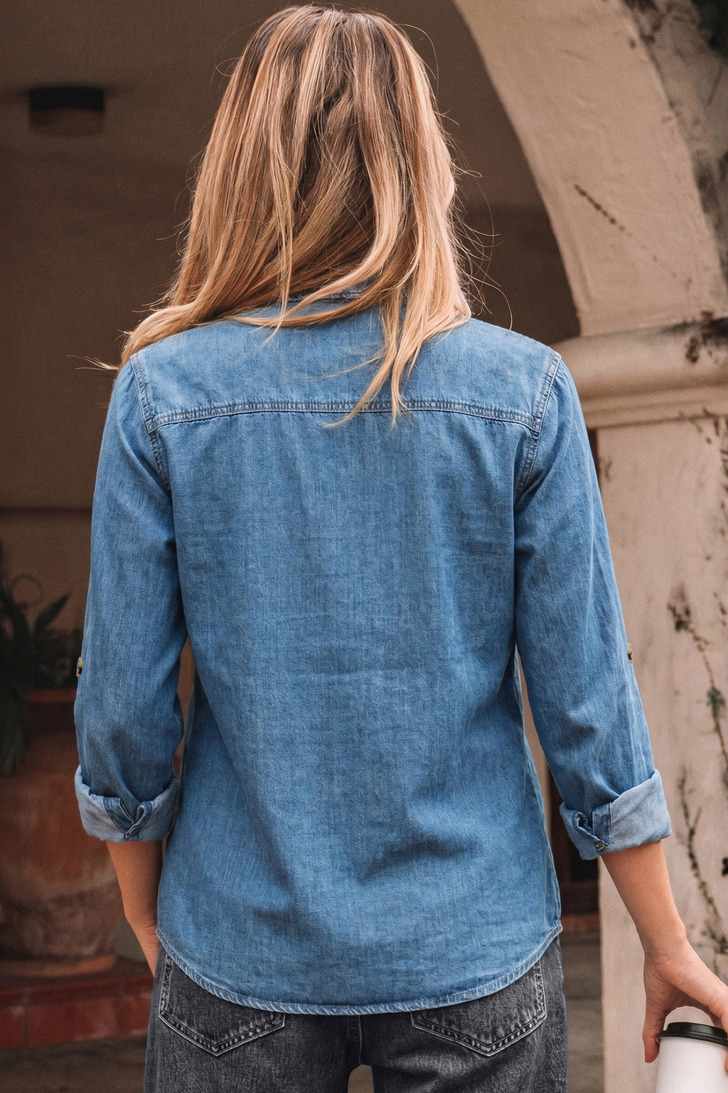 Denim Tab Sleeve Button Down Shirt