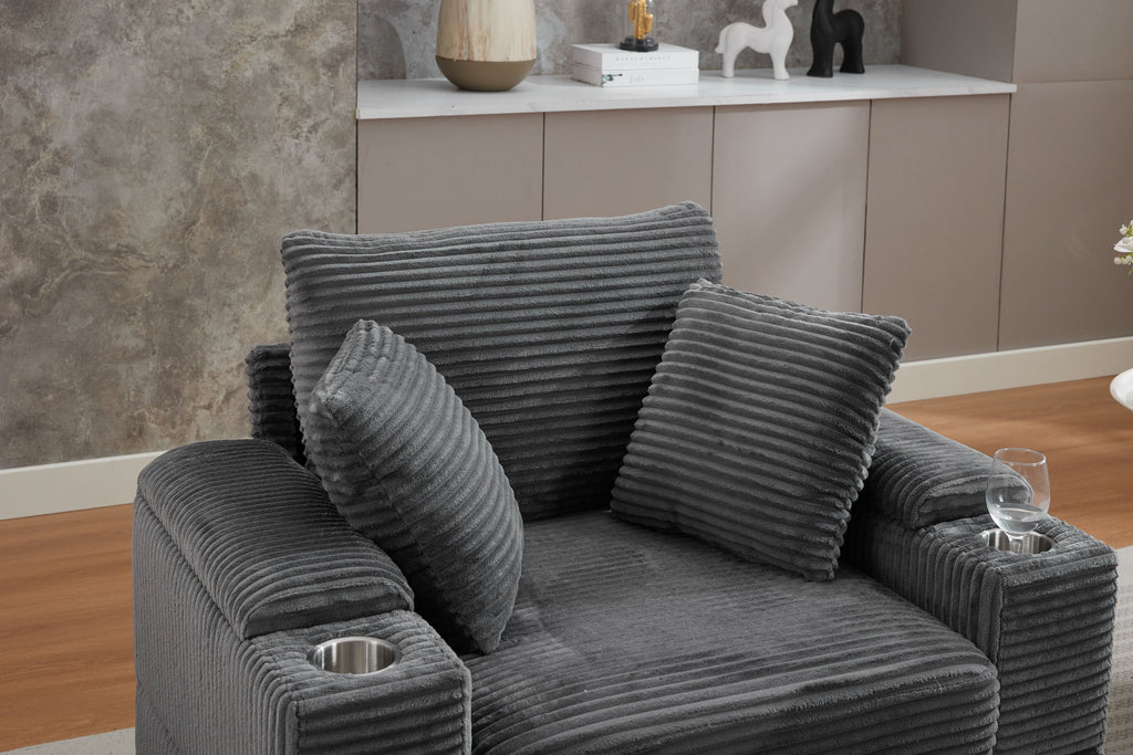 [VIDEO/New]Corduroy Upholstered Chaise Lounge Sofa with Handrail storage ,Movable ottoman,Cupholders,Detachable Cushions Deep Seat for Living Room Office,3 colour