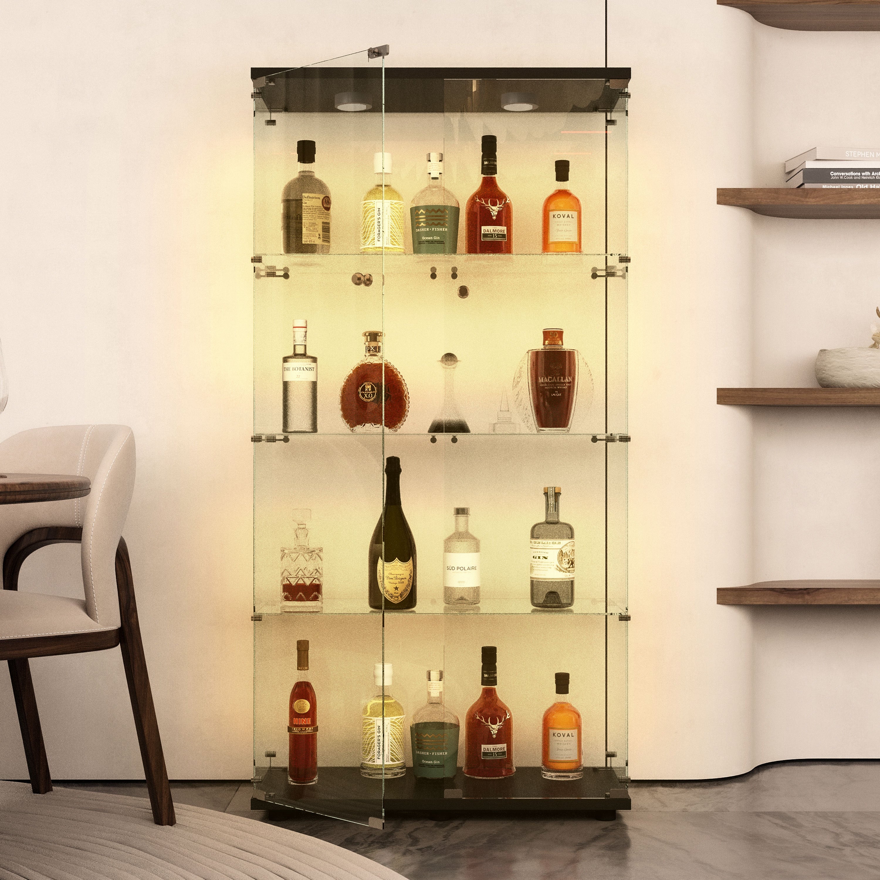 Tempered glass display cabinet,wine cabinet,storage cabinet,file cabinet,with a variety of colors of pat lights,door locks,adjustable floor feet suitable for uneven ground,can be placed anywhere,black