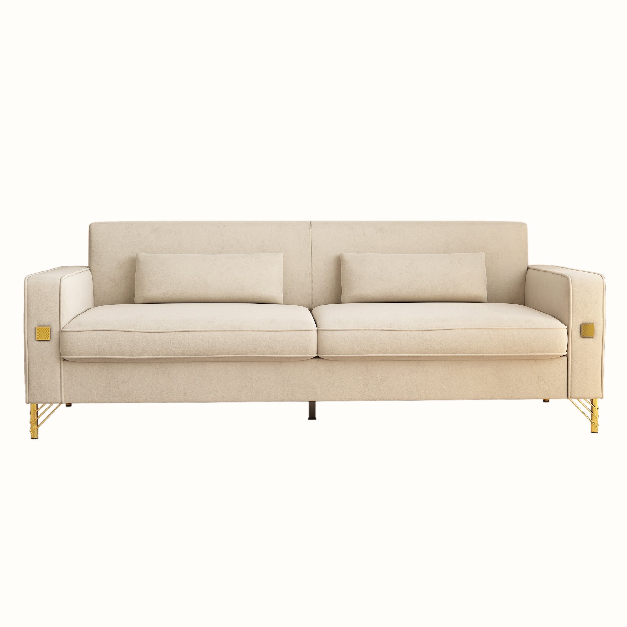 FX-P18-BE(SOFA)Modern Beige Sofa Couch for Living Room, 85.83' Upholstered 3-Seater Sofa with Metal Legs & Pillows, Minimalist Style