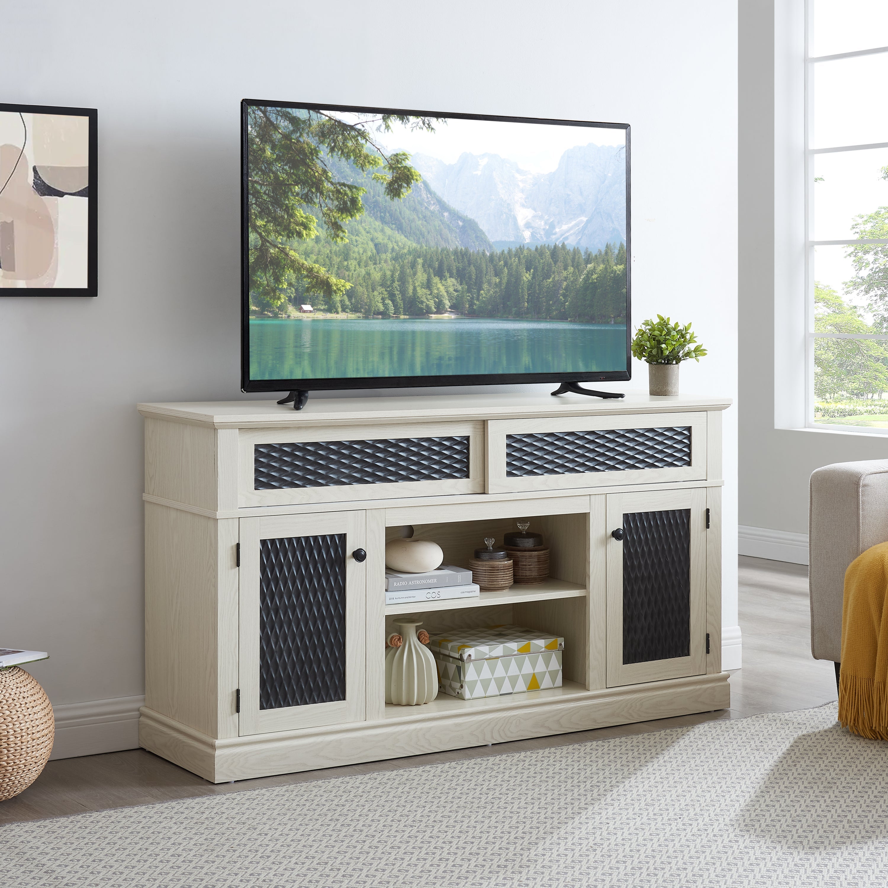Embossed Pattern TV Stand, TV and Media Console with Open and Closed Storage Space and sliding door for Living Room & Bedroom,White, 58.27'W*15.35'W*31.7H