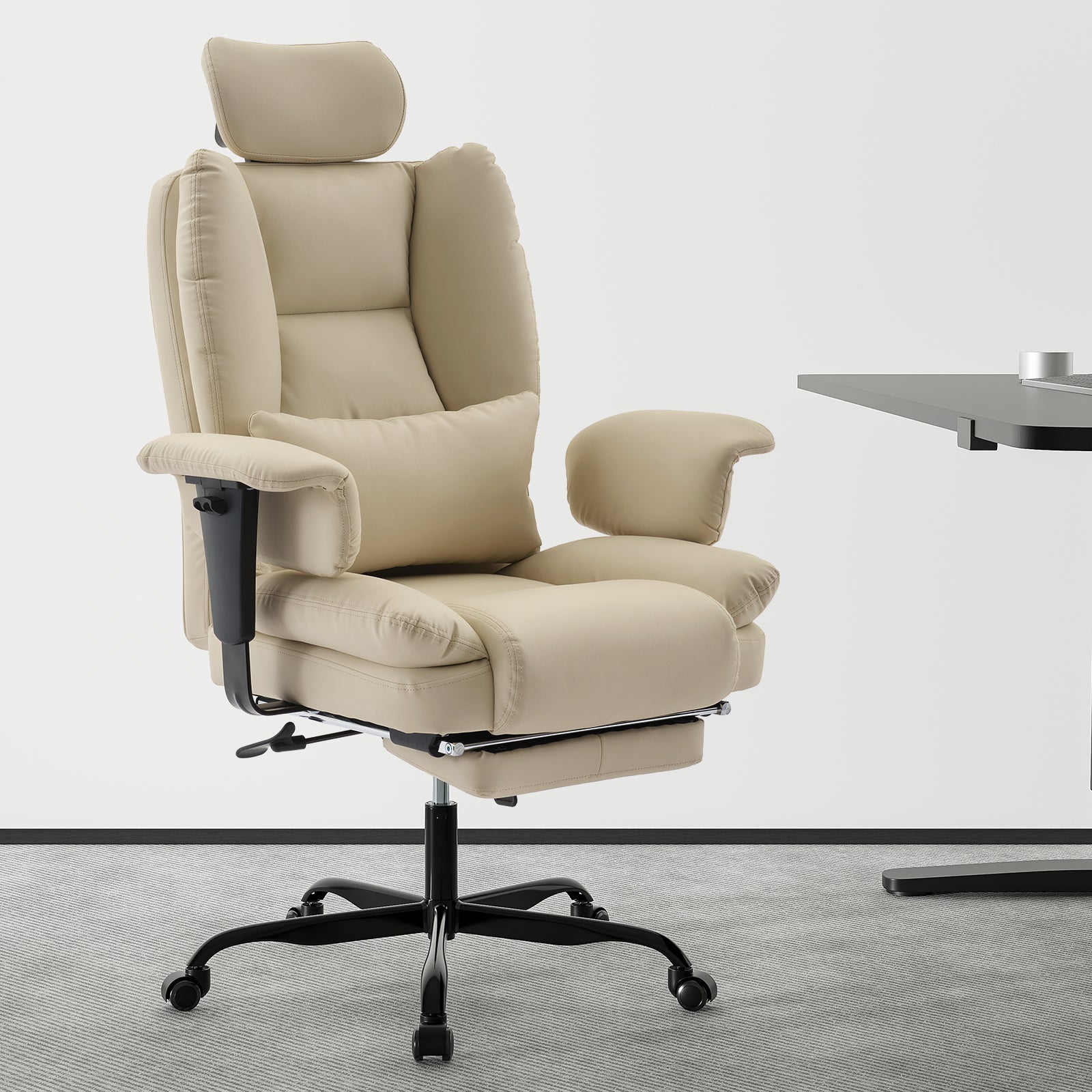 Office Chair Ergonomic 200 kg PU Leather Computer Chair with Lumbar Support and High Backrest, Ergonomic Desk Chair with Liftable Headrest, Beige