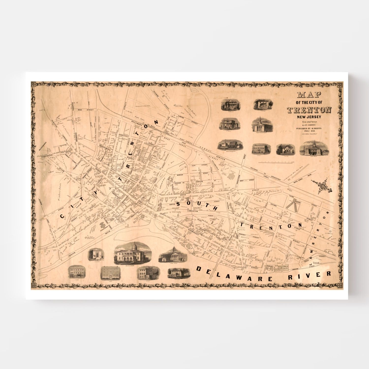 Vintage Map of Trenton, New Jersey 1849