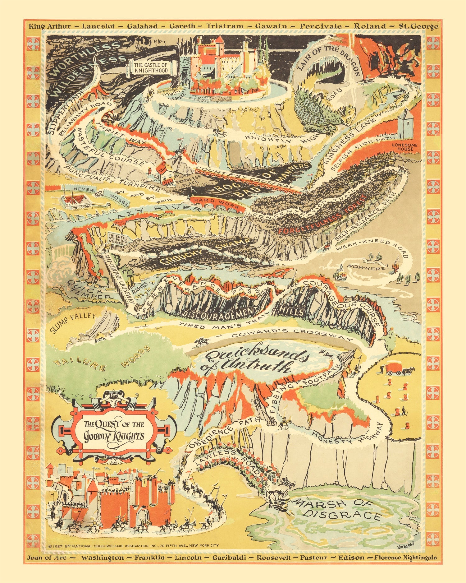 Vintage Map of the Quest of the Goodly Knights, 1927