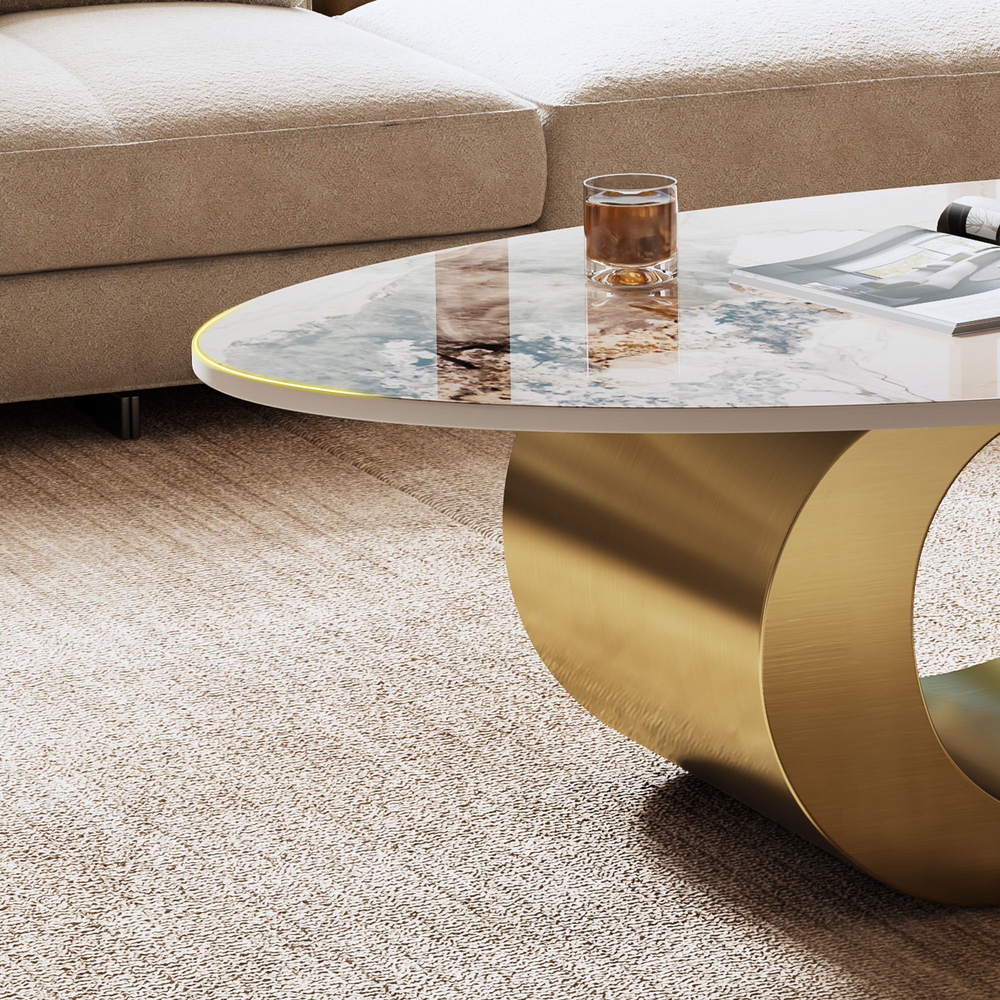 49.2' Faux Marble Oval Coffee Table, Contemporary Gold Stainless Steel Base, Modern Center Table for Living Room
