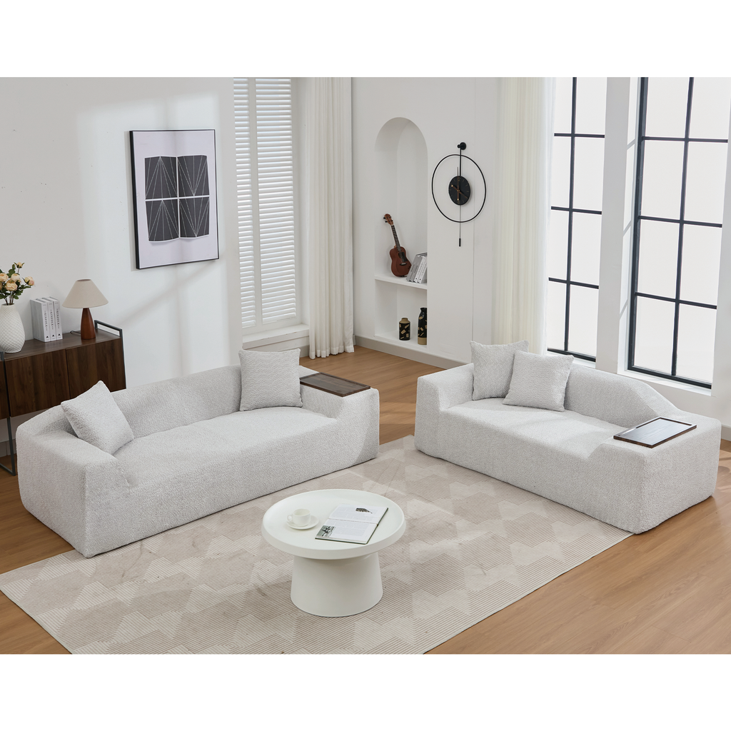 [NEW ARRIVED] [VIDEO PROVIDED]2 Piece Boucle Cloud Sofa Set, Upholstered Sofa Set, Modern 3 Seater and 2 Seater Sofa  with MDF End Table for Living Room ,Apartment,3+2 couch,Boucle, Light Gray