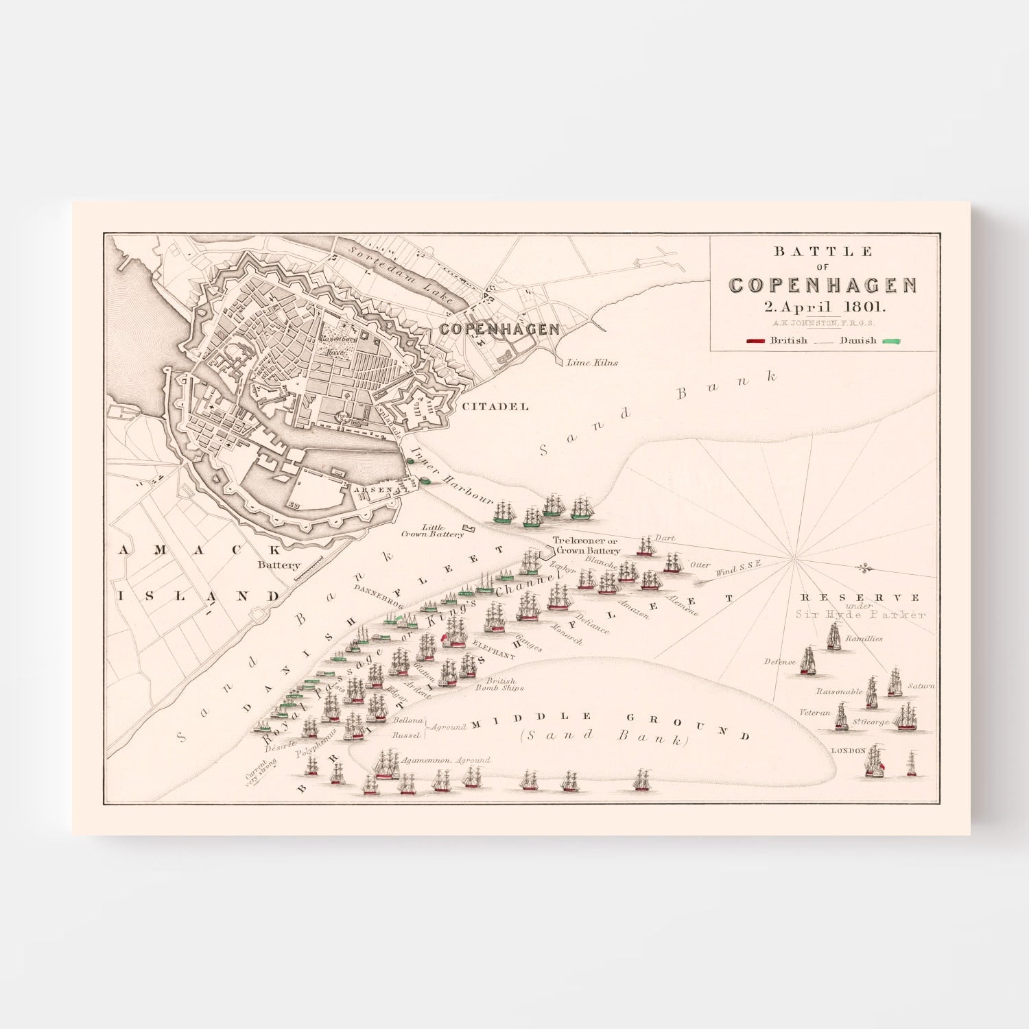Vintage Map of the Battle of Copenhagen, 1801