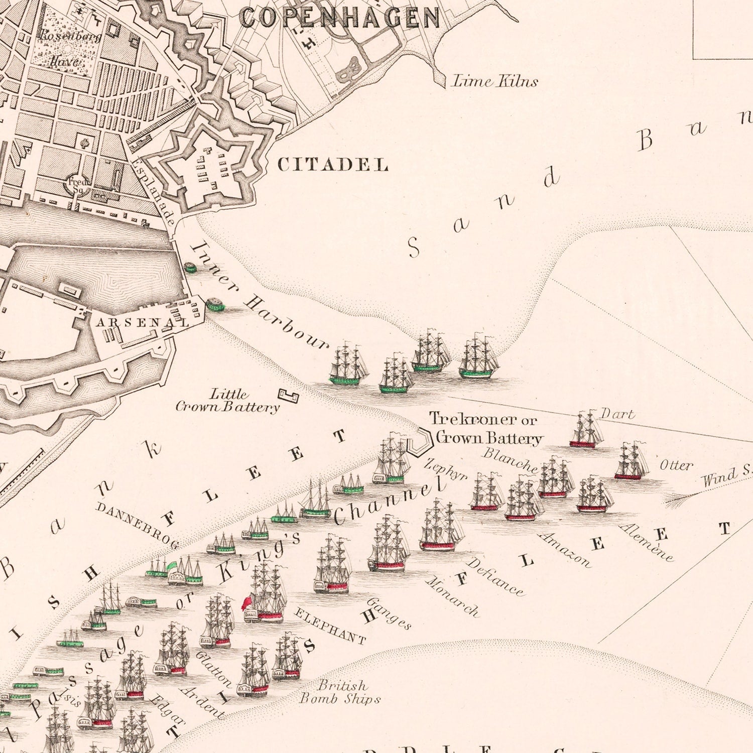 Vintage Map of the Battle of Copenhagen, 1801