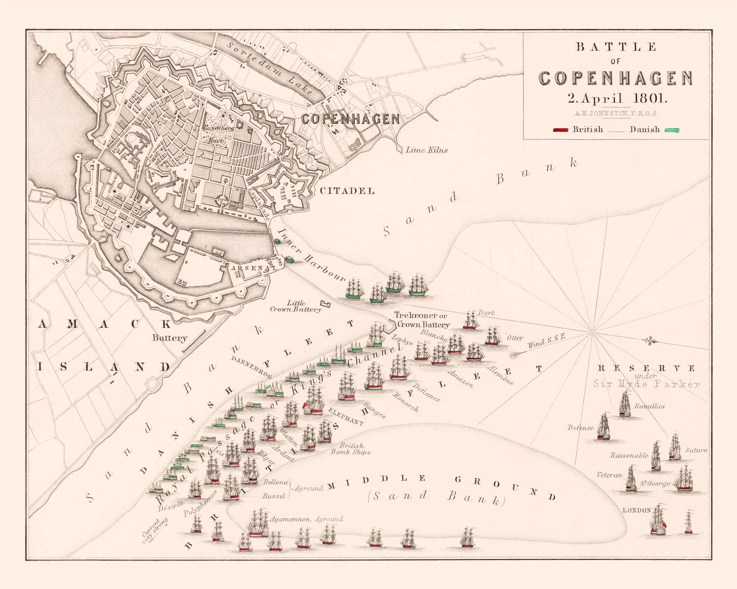 Vintage Map of the Battle of Copenhagen, 1801