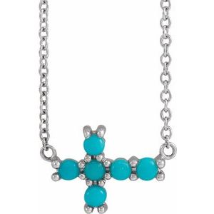 14K White Gold Natural Turquoise Sideways Cross 18" Necklace