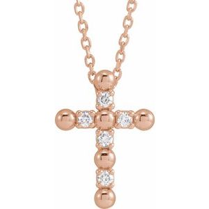 14K Rose Gold .07 CTW Natural Diamond Beaded Cross 16-18" Necklace