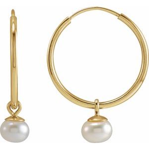 14K Yellow Gold Cultured White Freshwater Pearl 15 mm Endless Hoop Earrings