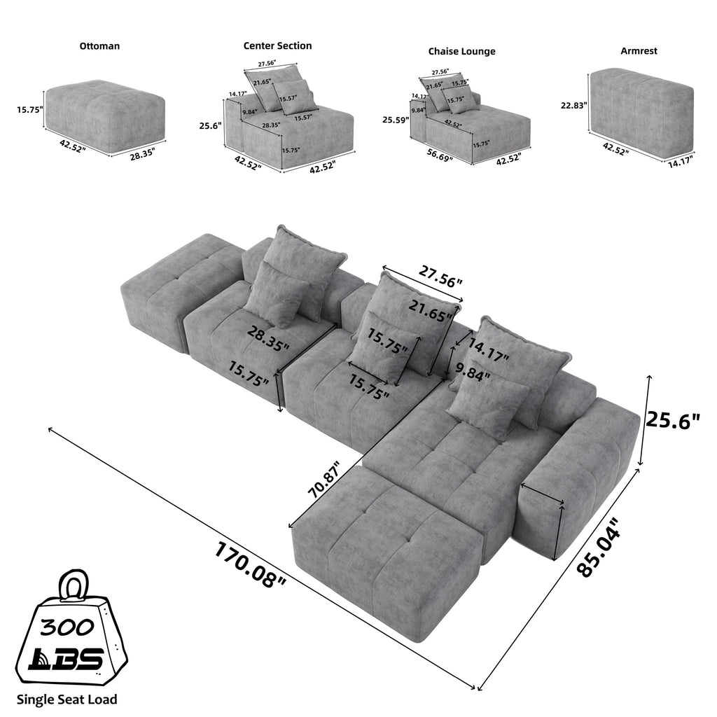 Modern Oversized Modular Sectional Sofa, Sparkling Chenille Fabric Soft Cushion Sofa with 6 Pillows, 6 PCS DIY Combination Tufted Sofa, No Assembly Required, BLACK