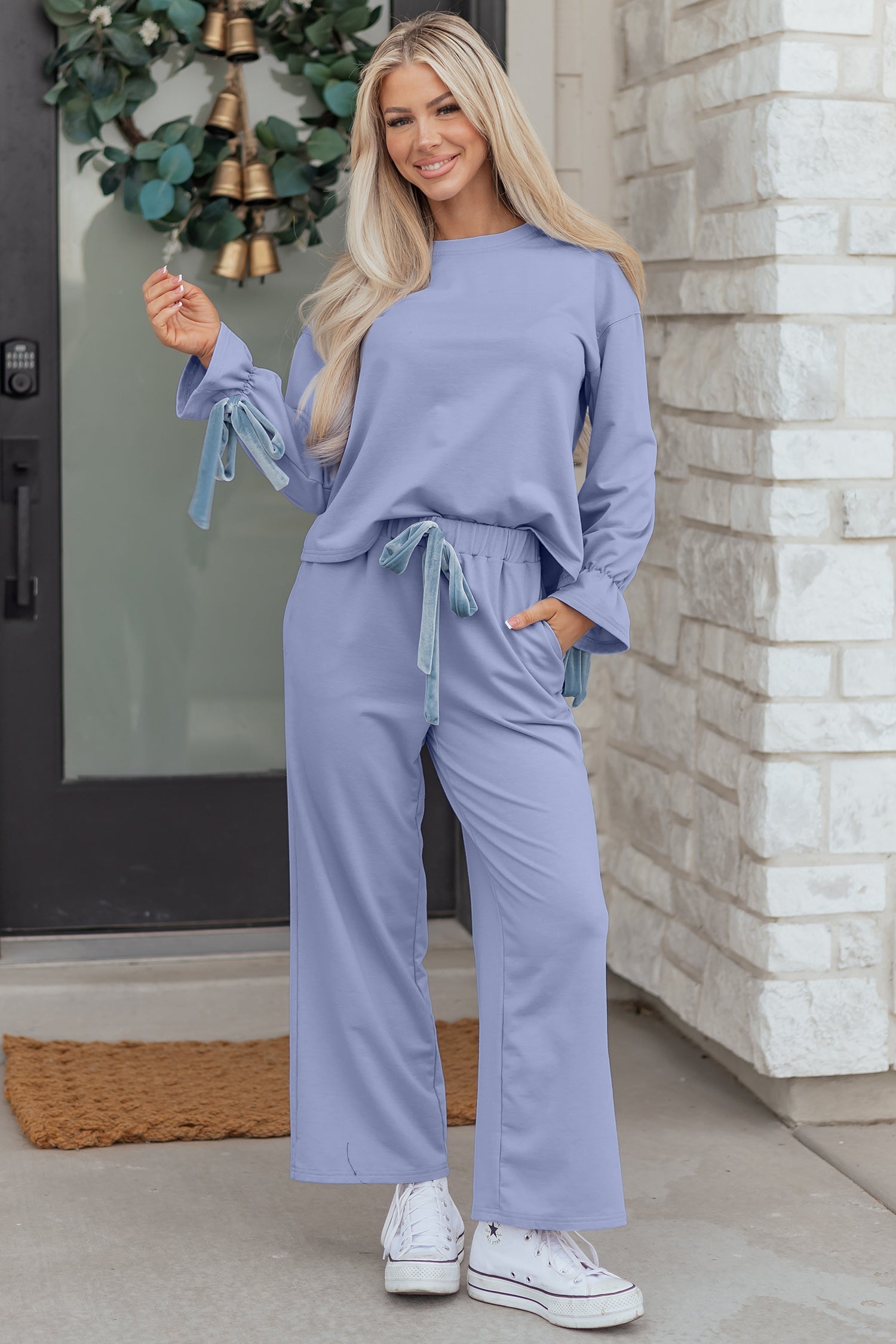 Flounce Long Sleeve Top and Drawstring Pants Set