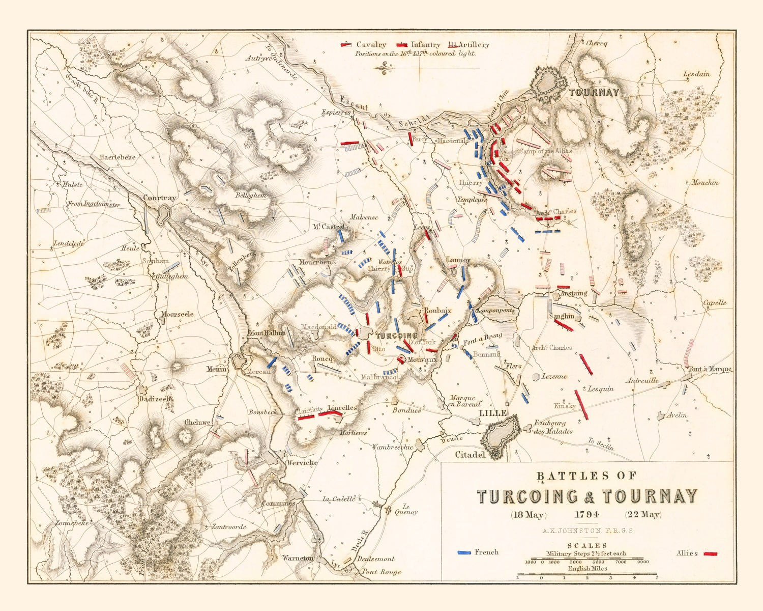 Vintage Map of the Battles of Turcoing & Tournay, 1794