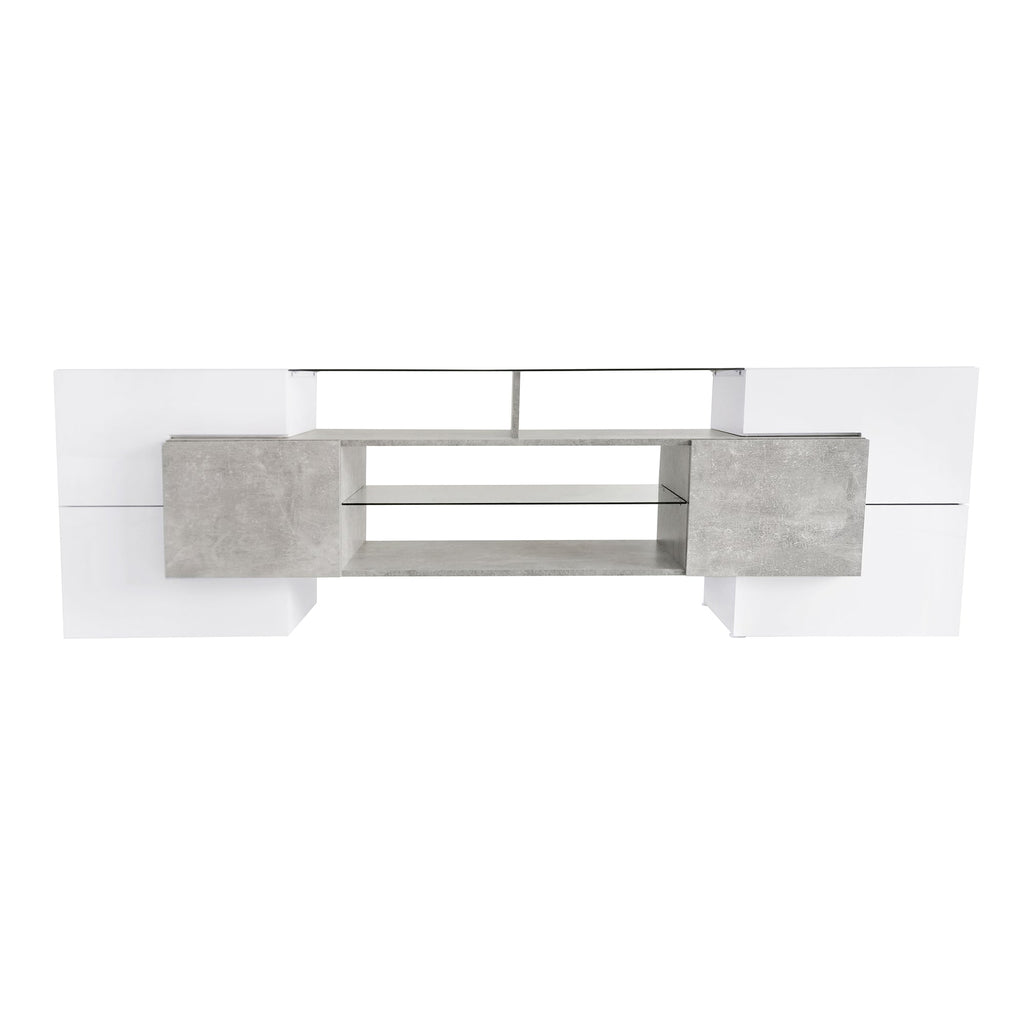 ON-TREND Unique Shape TV Stand with 2 Illuminated Glass Shelves, High Gloss Entertainment Center for TVs Up to 88', Versatile TV Cabinet with LED Color Changing Lights for Living Room, Grey