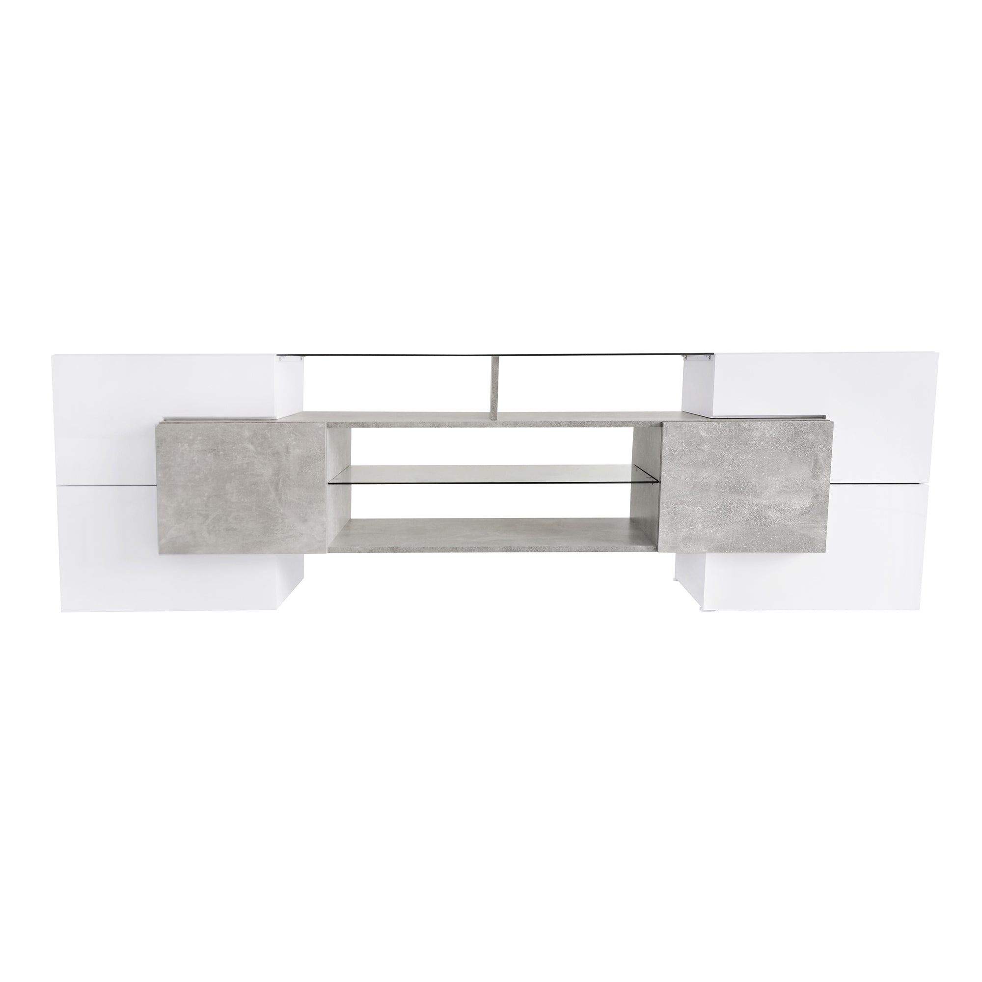 ON-TREND Unique Shape TV Stand with 2 Illuminated Glass Shelves, High Gloss Entertainment Center for TVs Up to 88', Versatile TV Cabinet with LED Color Changing Lights for Living Room, Grey