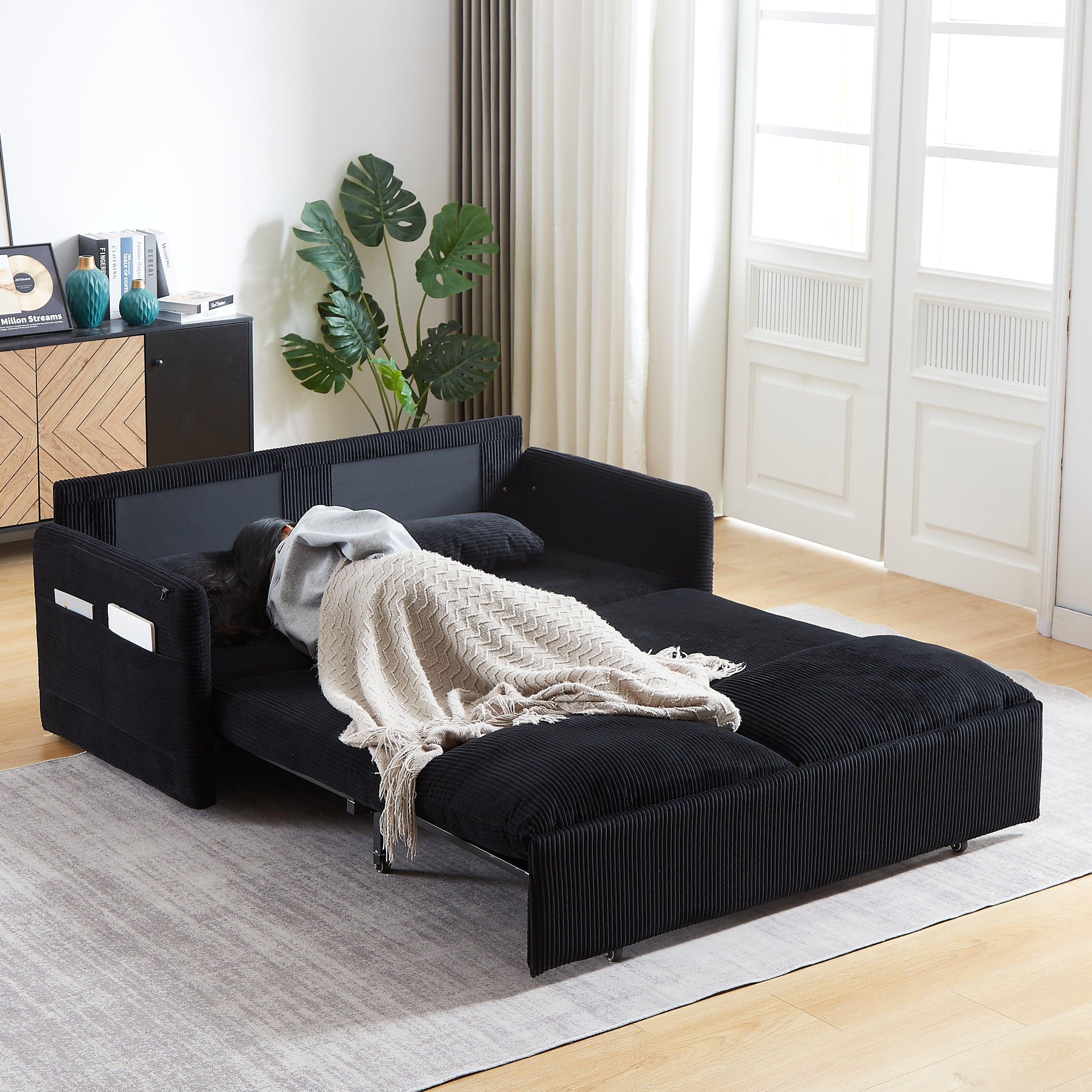 MH'' 64.5 Inch Sleeper Sofa Bed  3-in-1 Adjustable Sleeper with Pullout Bed   2 Pillows and Side Pockets  Soft Corduroy Convertible Sleeper Sofa Bed for Living Room Bedroom Apartment Office