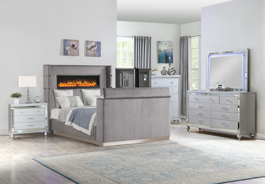 Lavish Modern Style 5 Pc King Bedroom Set Made with Fireplace in Headboard & TV stand in Footboard with Wood in Grey(NJ INVENTORY)