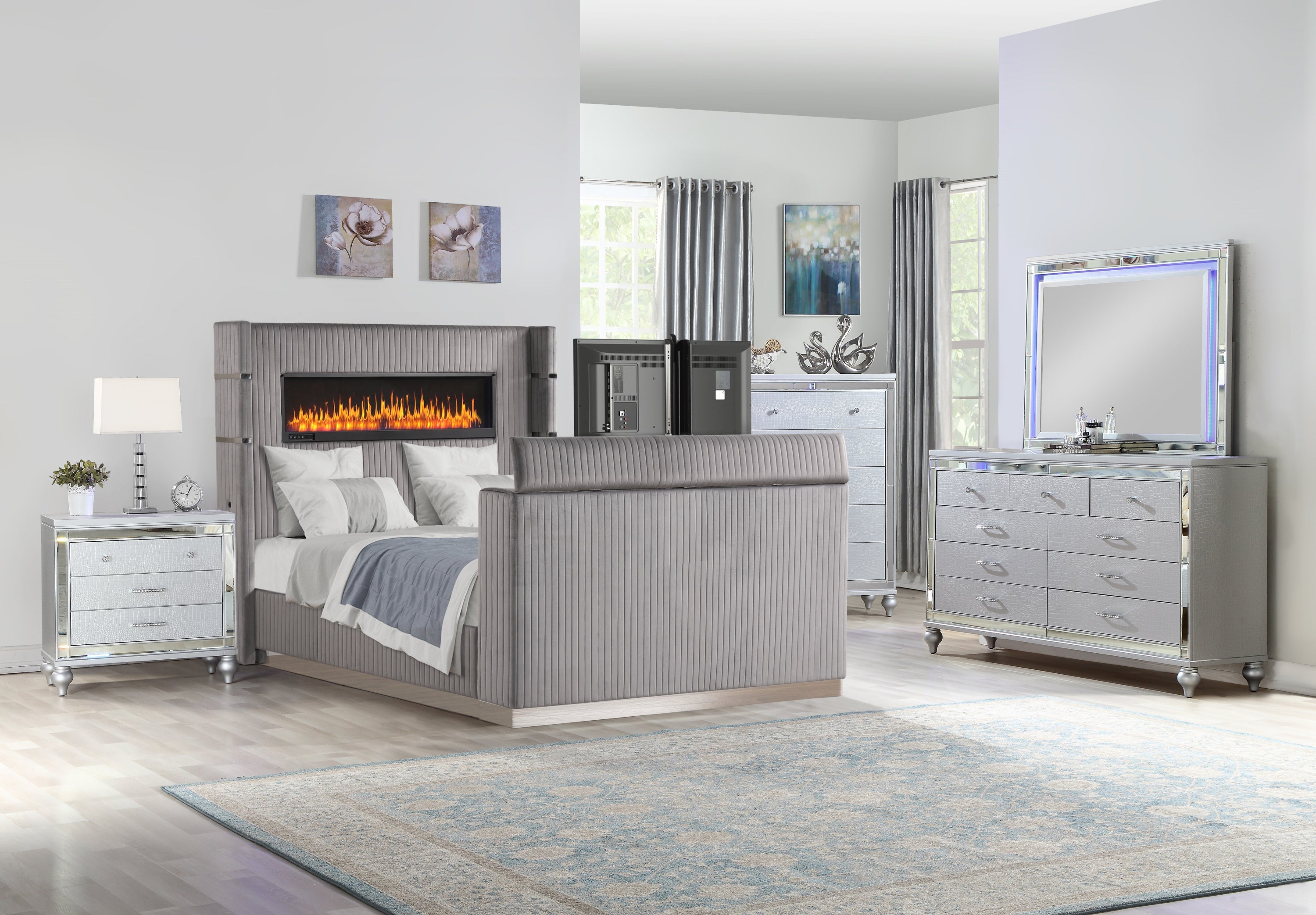 Lavish Modern Style 5 Pc King Bedroom Set Made with Fireplace in Headboard & TV stand in Footboard with Wood in Grey(NJ INVENTORY)