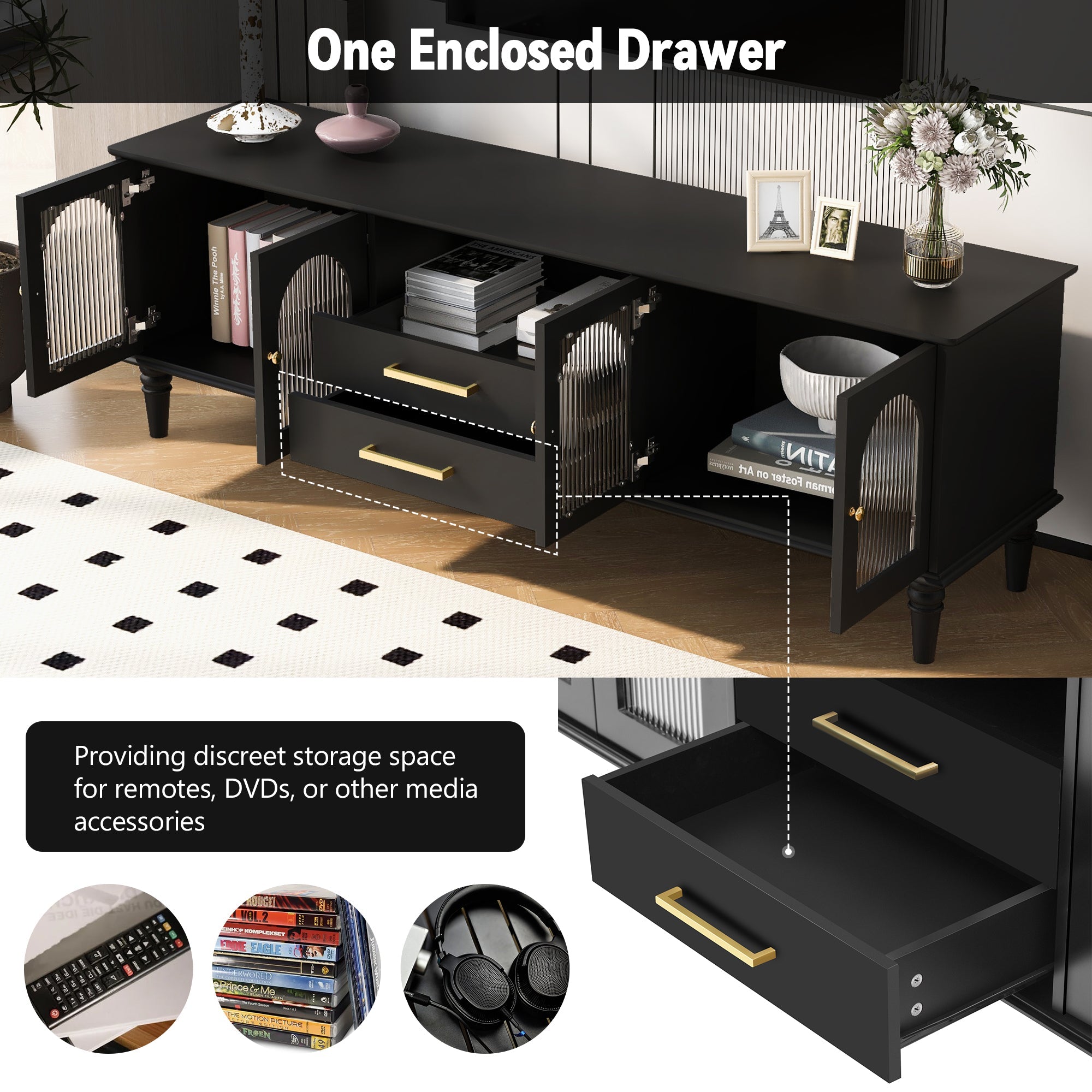 U-Can 68.9'' Retro TV Stand for TVs up to 75 Inches, Entertainment Center Media Console with Fluted Glass Doors and Five Solid Wood Legs for Living room(OLD SKU:N724P198468B)
