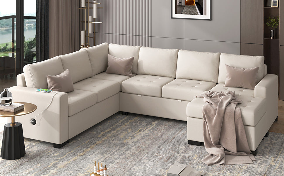 U_Style Sectional Sleeper Sofa with Pull-out Bed and Lounge Chair, USB and Type-C Interfaces, Suitable for Living Room, Office, and Spacious Spaces