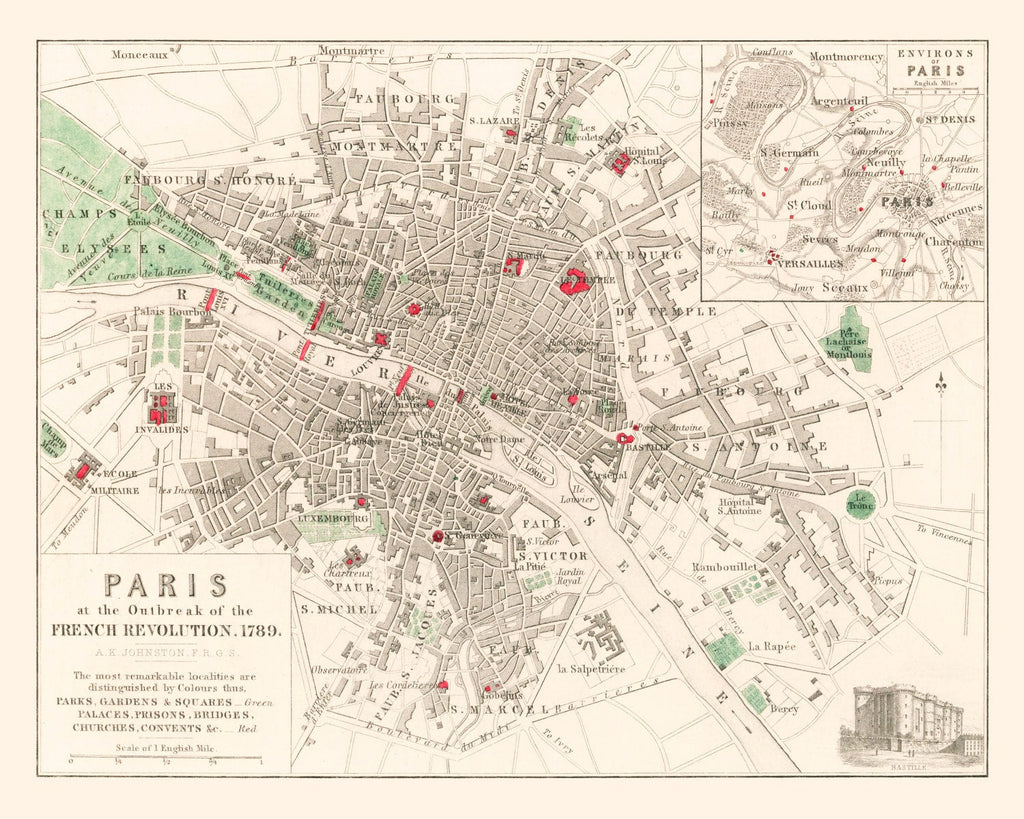 Vintage Map of the Paris French Revolution, 1789